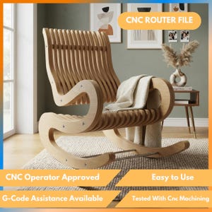 May include: A light-colored wooden rocking chair with a slatted back and seat design, featuring curved armrests and a cream-colored throw blanket draped over the seat. The chair is constructed from multiple vertical wood slats.