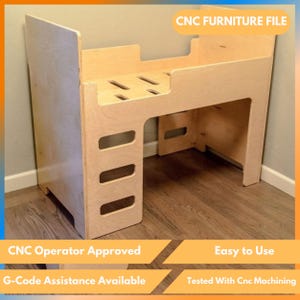Puede incluir: Un archivo de muebles CNC para una litera de madera con escalera. El archivo está aprobado por un operador CNC e incluye asistencia de código G. El archivo es fácil de usar y probado con mecanizado CNC.