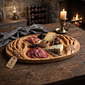 K&ouml;nnte beinhalten: Ein ovales Servierbrett aus Holz mit geschnitzten Skeletthand-Motiven an beiden Enden. Das Brett ist mit Aufschnitt, Blauschimmelk&auml;se, einem St&uuml;ck Hartk&auml;se, frischen Feigen, Brombeeren und einer kleinen Schale Honig mit Holzl&ouml;ffel belegt.