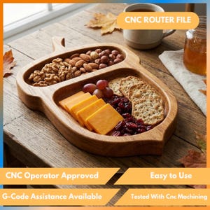 May include: A wooden acorn-shaped serving platter with various snacks. It contains walnuts, almonds, cheese, crackers, grapes, and dried cranberries. The text "CNC ROUTER FILE" is displayed. The tray is designed for CNC machining.