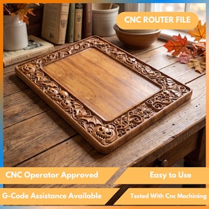 May include: A rectangular wooden serving tray featuring an intricate carved border with repeating motifs of jack-o'-lanterns, bats, and swirling vines. The center of the tray is smooth and flat, while the raised edges display detailed relief carvings.