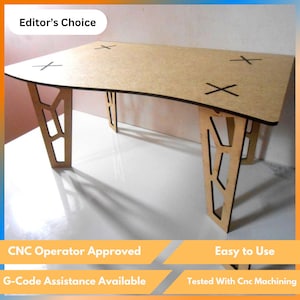 May include: A light brown wooden desk with a curved edge and decorative legs. The desk has black accents and is labeled "Editor's Choice", "CNC Operator Approved", "Easy to Use", "G-Code Assistance Available", and "Tested With Cnc Machining".