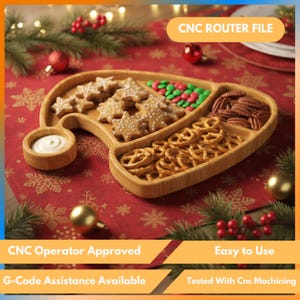 May include: A bamboo serving tray shaped like a Santa hat, filled with gingerbread cookies, pretzels, pecans, and candies. A small bowl holds a white dip. The tray sits on a red tablecloth with snowflake patterns. Text on the image reads "CNC ROUTER FILE".