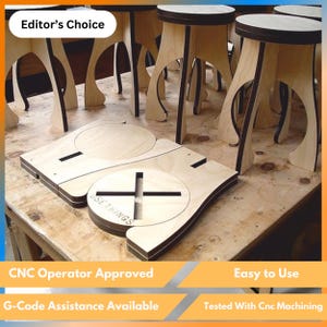May include: Wooden stools and CNC-machined components. The stools have a light wood finish with dark edges and curved legs. The components are light wood with a cross-shaped cutout and the text "USE THINGS". The image also includes the text "Editor's Choice".