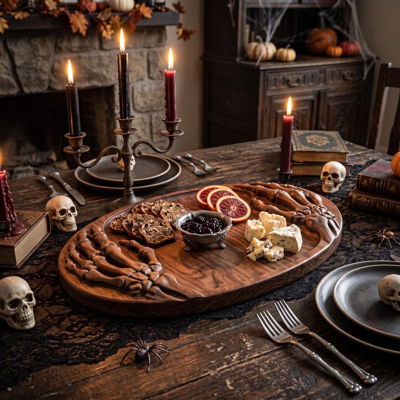 K&ouml;nnte beinhalten: Ein ovales Servierbrett aus Holz mit geschnitzten Skeletthand-Motiven an beiden Enden. Das Brett enth&auml;lt eine kleine Metallschale mit dunklen Beeren, mehrere Scheiben Blutorange und verschiedene K&auml;sest&uuml;cke auf einem dunklen Holztisch.