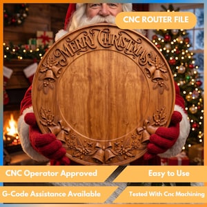 May include: A circular wooden plaque featuring a carved Merry Christmas inscription at the top, surrounded by detailed relief carvings of bells, holly leaves, and pine needles. The design is intended for use as a CNC router file project.