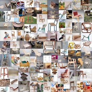 May include: A collage of various wooden chairs and stools, showcasing different designs and styles. The chairs are made from plywood and feature unique shapes and curves. Some chairs are simple and functional, while others are more elaborate and decorative.