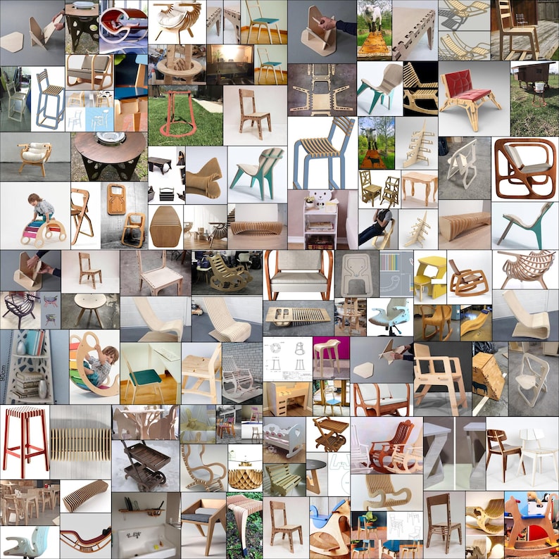 May include: A collage of various wooden chairs and stools, showcasing different designs and styles. The chairs are made from plywood and feature unique shapes and curves. Some chairs are simple and functional, while others are more elaborate and decorative.