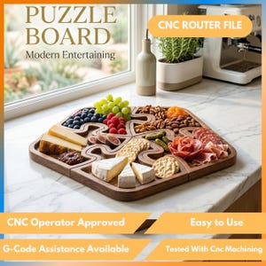 May include: A wooden puzzle board with the text "PUZZLE BOARD Modern Entertaining". The board is filled with various foods, including cheese, crackers, fruit, and meats. The text "CNC ROUTER FILE" is also visible.