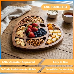 May include: A wooden heart-shaped serving platter, filled with nuts, crackers, pretzels, cheese, dried apricots, strawberries, and blueberries. The tray is on a wooden table. Text on the image reads "CNC ROUTER FILE".