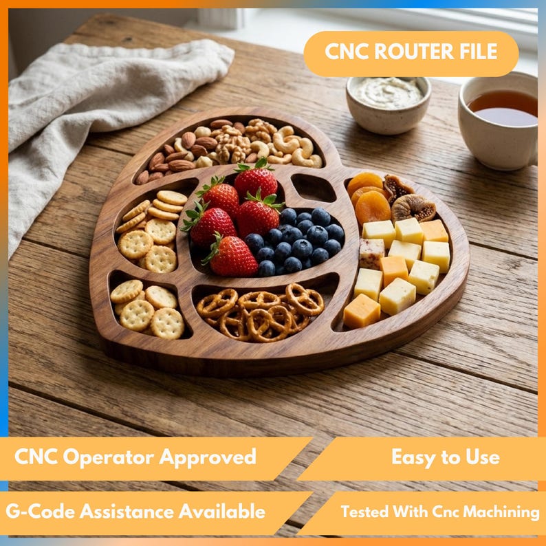 May include: A wooden heart-shaped serving platter, filled with nuts, crackers, pretzels, cheese, dried apricots, strawberries, and blueberries. The tray is on a wooden table. Text on the image reads "CNC ROUTER FILE".