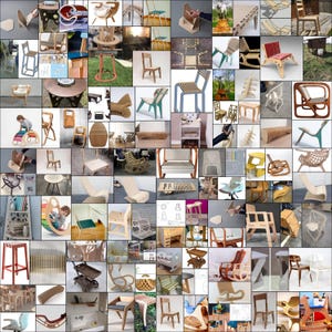 May include: A collage of various wooden chairs, stools, and benches made from plywood. The chairs are in different styles and designs, some with intricate details and others with simple lines. The chairs are all made from natural wood and have a rustic, handmade look.
