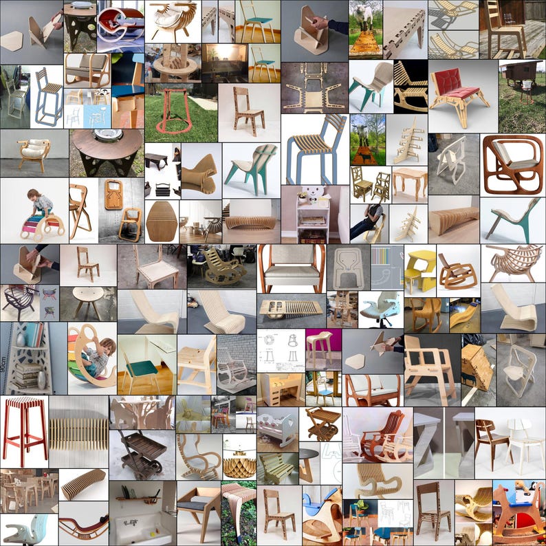 May include: A collage of various wooden chairs, stools, and benches made from plywood. The chairs are in different styles and designs, some with intricate details and others with simple lines. The chairs are all made from natural wood and have a rustic, handmade look.