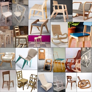 May include: A collection of 18 unique plywood chairs in various styles and designs. The chairs are made from natural wood and feature a variety of shapes, sizes, and finishes. Some chairs have cushions, while others are made entirely of wood. The chairs are all made from plywood and are designed to be both functional and stylish.