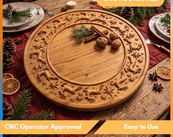 May include: A round wooden serving board featuring a carved border of reindeer and star motifs. The center is smooth, and the board is decorated with cinnamon sticks, walnuts, and pine sprigs. The text CNC ROUTER FILE is visible.