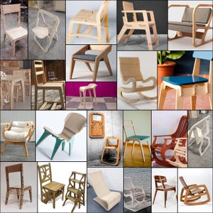 May include: A collection of 18 unique plywood chairs in various styles and designs. The chairs are made from natural wood and feature a variety of shapes, sizes, and finishes. Some chairs have cushions, while others are made entirely of wood. The chairs are all made from plywood and are designed to be both functional and stylish.