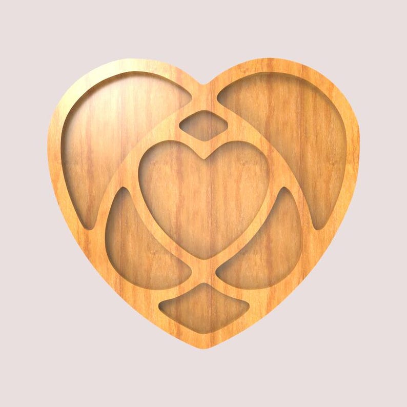 May include: A heart-shaped wooden decoration with a layered design. The outer heart frames an inner heart, with connecting lines creating a unique pattern. The wood has a warm, natural tone.