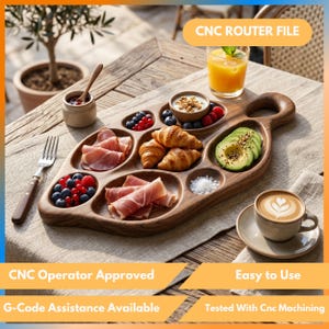 May include: A wooden serving platter with multiple compartments, filled with food items like croissants, berries, avocado, and prosciutto. The platter has a handle and is placed on a rustic wooden table. Text on the image reads "CNC ROUTER FILE", "CNC Operator Approved", "Easy to Use", and "G-Code Assistance Available".