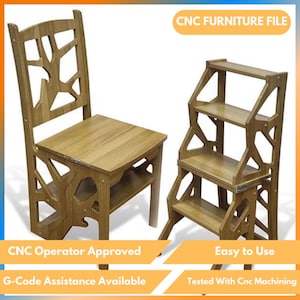 Puede incluir: Una silla de madera y una escalera de peldaños de madera con estantes. Ambos muebles están hechos con un diseño recortado que se asemeja a ramas. La silla se pliega para convertirse en un taburete de paso. El texto "CNC Furniture File" está en la parte superior de la imagen. El texto "CNC Operator Approved" está en la parte inferior izquierda de la imagen. El texto "G-Code Assistance Available" está en la parte inferior izquierda de la imagen. El texto "Easy to Use" está en la parte inferior derecha de la imagen. El texto "Tested With Cnc Machining" está en la parte inferior derecha de la imagen.