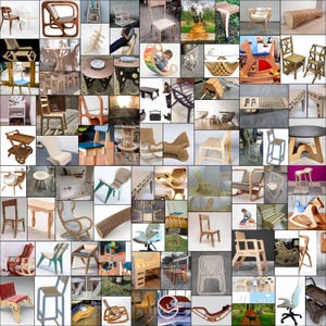 May include: A collage of 64 images showcasing various wooden chair designs. The chairs are made from plywood and feature a variety of styles, including rocking chairs, folding chairs, and stackable chairs. The chairs are all in different colors and finishes, and some have unique details like cutouts or carvings.