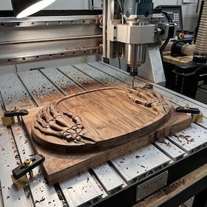 K&ouml;nnte beinhalten: Ein dunkelbraunes Holztablett mit geschnitzten Skeletthandmotiven an den gegen&uuml;berliegenden Seiten. Das Tablett ist mit Metallklemmen auf dem Bett einer CNC-Maschine befestigt, wobei ein Bohrer &uuml;ber der Mitte der Holzoberfl&auml;che positioniert ist.