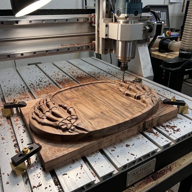 K&ouml;nnte beinhalten: Ein dunkelbraunes Holztablett mit geschnitzten Skeletthandmotiven an den gegen&uuml;berliegenden Seiten. Das Tablett ist mit Metallklemmen auf dem Bett einer CNC-Maschine befestigt, wobei ein Bohrer &uuml;ber der Mitte der Holzoberfl&auml;che positioniert ist.