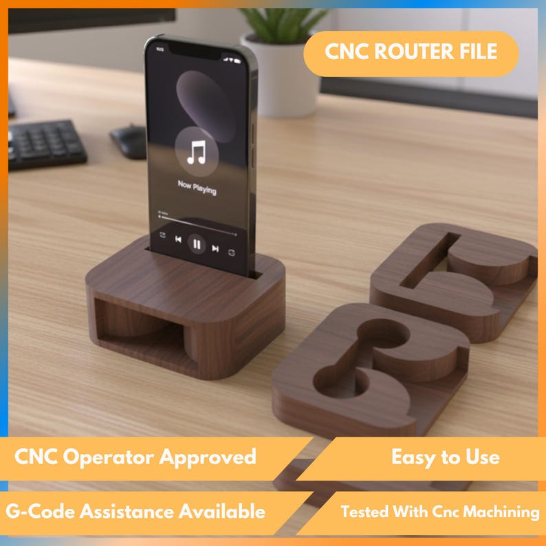 May include: A wooden phone stand with a slot for a phone, displaying a music app. The stand is brown and has a matching wooden number cutouts. Text on the image reads "CNC ROUTER FILE", "CNC Operator Approved", and "Easy to Use".