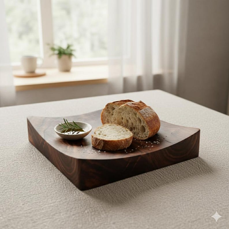 K&ouml;nnte beinhalten: Ein dunkelbraunes Holzservierbrett mit gewelltem Rand, das geschnittenes Brot, eine kleine Schale mit Oliven&ouml;l und Rosmarinzweige enth&auml;lt. Das Brett steht auf einer wei&szlig;en Tischdecke in der N&auml;he eines Fensters.