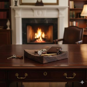 K&ouml;nnte beinhalten: Ein dunkler Holzschreibtisch mit einem Holztablett mit einer Uhr, einer Brieftasche, einem Stift und M&uuml;nzen. Ein Schl&uuml;sselbund liegt auf dem Schreibtisch. Ein Kamin mit brennendem Feuer befindet sich im Hintergrund.