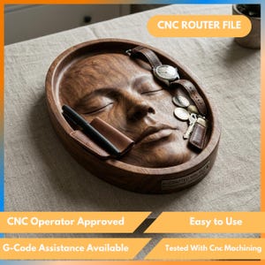 May include: A handcrafted walnut wood tray with a carved face design. The tray holds a watch, coins, keys, and a pen. The text "CNC ROUTER FILE", "CNC Operator Approved", "Easy to Use", "G-Code Assistance Available", and "Tested With Cnc Machining" are visible.