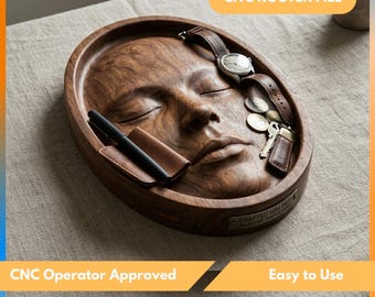 3D Face Design Wooden Valet Tray CNC Router File for Woodworking - Unique Catchall Dish Design STL for Trinket Tray and Home Decor