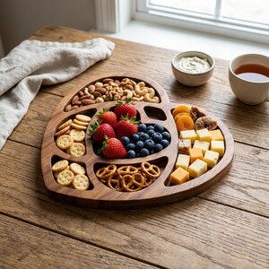 May include: A wooden heart-shaped serving platter laden with snacks. It features strawberries, blueberries, cheese, dried apricots, figs, crackers, pretzels, and nuts. A small bowl of dip and a cup of tea are also visible.