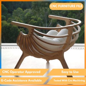 May include: A light wood chair with a distinctive design, featuring curved armrests and a slatted back. The chair has a white cushion. The text "CNC FURNITURE FILE" is visible. Additional text includes "CNC Operator Approved" and "Easy to Use".