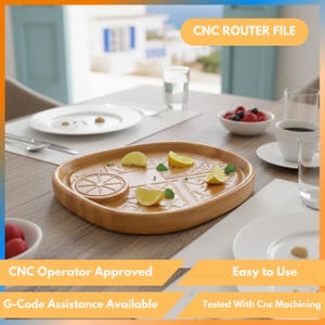 May include: A wooden serving tray with a geometric design, featuring lemon wedges and mint leaves. The tray has a circular citrus fruit design and is surrounded by plates, cutlery, and a cup of coffee. Text on the image reads "CNC ROUTER FILE", "CNC Operator Approved", and "Easy to Use".