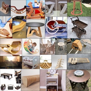May include: A collage of 16 different wooden furniture designs, including rocking horses, chairs, tables, and a baby crib. The designs are all made from plywood and feature intricate cutouts and shapes.