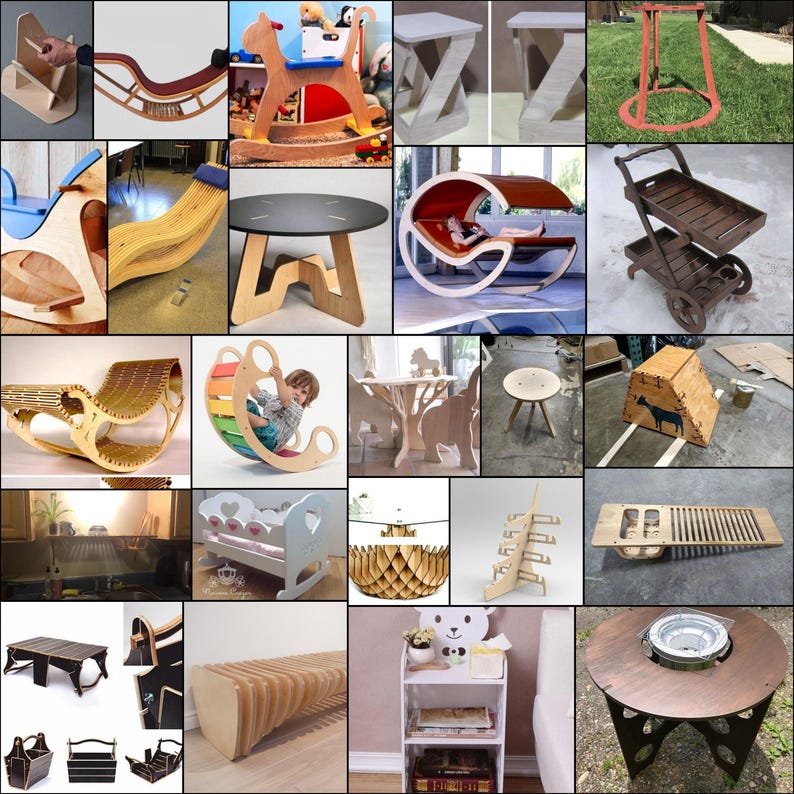 May include: A collage of 16 different wooden furniture designs, including rocking horses, chairs, tables, and a baby crib. The designs are all made from plywood and feature intricate cutouts and shapes.