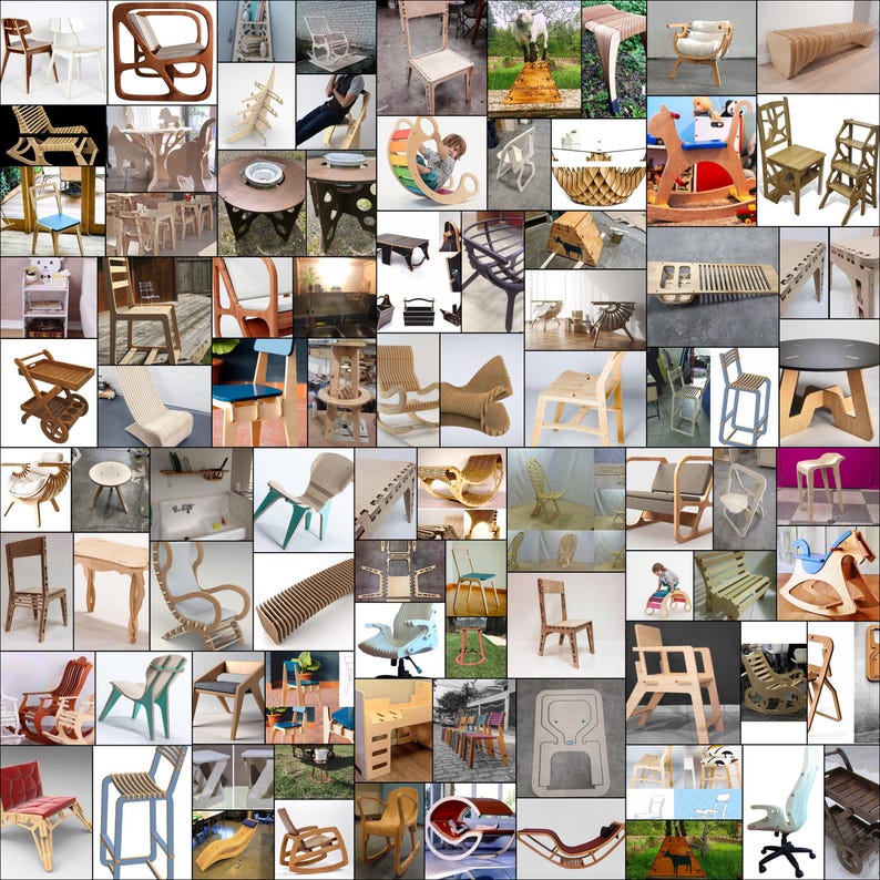 May include: A collage of 64 images showcasing various wooden chair designs. The chairs are made from plywood and feature a variety of styles, including rocking chairs, folding chairs, and stackable chairs. The chairs are all in different colors and finishes, and some have unique details like cutouts or carvings.