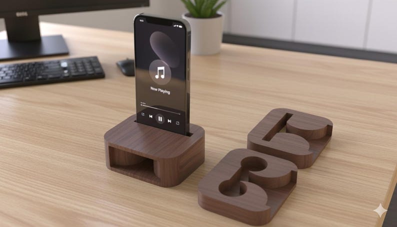 May include: A wooden phone stand with a phone displaying a music app. Two matching wooden coasters are next to the stand. The stand and coasters are made of dark brown wood and sit on a light brown wooden desk.