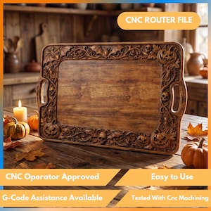 May include: A rectangular wooden serving tray featuring intricate carvings of bats, skulls, and jack-o'-lanterns along the border. The tray includes two integrated handles on the sides and displays the text CNC ROUTER FILE at the top.