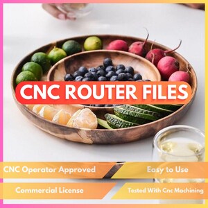 May include: A wooden serving tray filled with various fruits, including limes, blueberries, radishes, and sliced oranges and avocado. The text "CNC ROUTER FILES" is displayed across the center of the image. Additional text includes "CNC Operator Approved", "Easy to Use", "Commercial License", and "Tested With Cnc Machining".