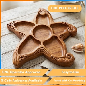 May include: A star-shaped wooden serving tray with five distinct compartments and a central circular section. The wood features a natural grain pattern and carved decorative details at the tips. Text on the image reads CNC ROUTER FILE.