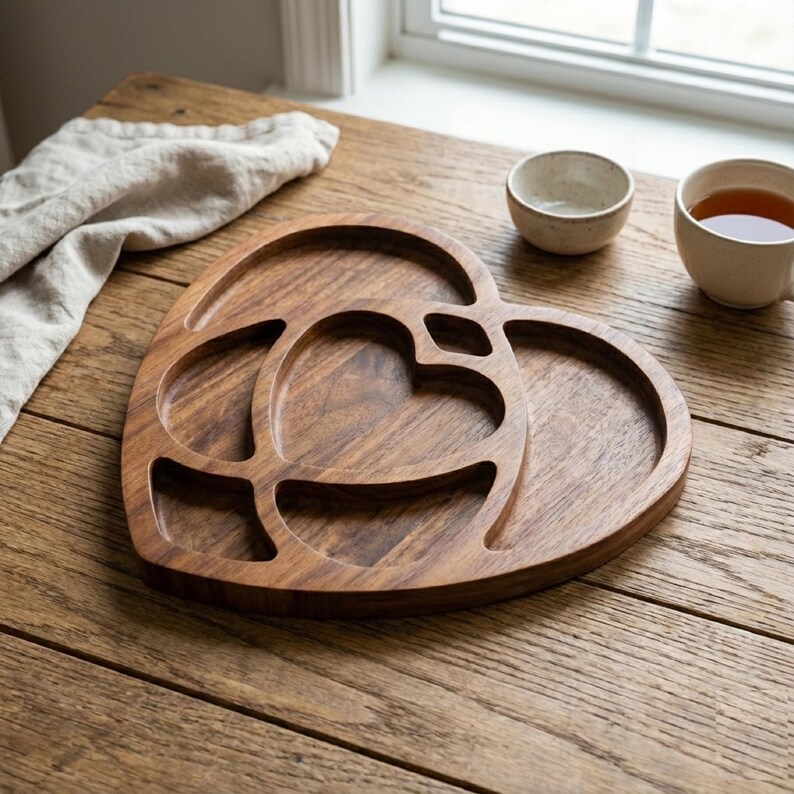May include: A heart-shaped wooden serving tray with several compartments. The tray is made of dark wood and is on a wooden table. A small bowl and a mug of tea are next to the tray.