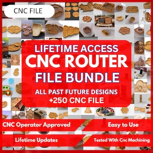 May include: A promotional image for a CNC router file bundle. The image features a collage of wooden objects, including trays and decorative items. Text on the image reads "LIFETIME ACCESS CNC ROUTER FILE BUNDLE" and "+250 CNC FILE".
