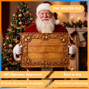 May include: A rectangular wooden serving tray featuring intricate carved details of bells and ribbons along the border. The tray has integrated handles on both sides. The text CNC ROUTER FILE is visible in the upper right corner of the image.