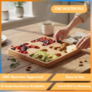 May include: A wooden serving tray with multiple compartments, filled with fresh berries, avocado slices, cheese, and other snacks. The tray is on a wooden table. Text on the image reads: CNC Router File, CNC Operator Approved, Easy to Use, G-Code Assistance Available, Tested With Cnc Machining.