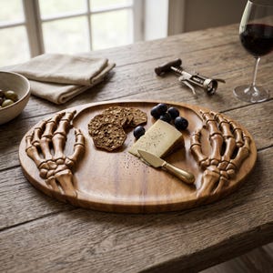 K&ouml;nnte beinhalten: Ein ovales Serviertablett aus Holz mit geschnitzten Skeletthand-Motiven auf der linken und rechten Seite. Das Tablett enth&auml;lt mehrere runde K&ouml;rnercracker, ein St&uuml;ck Hartk&auml;se und ein kleines goldfarbenes K&auml;semesser auf der Oberfl&auml;che.
