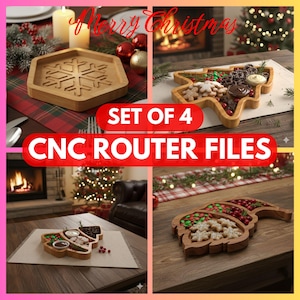 Zestaw 4 tac do serwowania na Boże Narodzenie z frezarką CNC – Drewniana deska do serwowania na Boże Narodzenie, pliki STL, pliki Noel do frezarki CNC, pliki DXF, STL, SVG