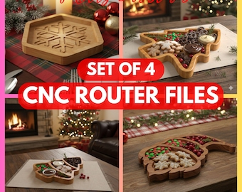 Set of 4 Christmas Serving Tray CNC Router Pack – Xmas Wooden Serving Board STL Designs, Noel Files For Cnc Router, Dxf, Stl, Svg,
