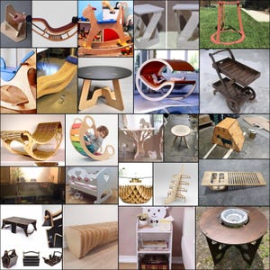 May include: A collage of 16 different wooden furniture designs, including rocking horses, chairs, tables, and a baby crib. The designs are all made from plywood and feature intricate cutouts and shapes.