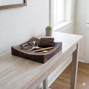 K&ouml;nnte beinhalten: Ein dunkelbraunes Holztablett mit geschwungenem Design enth&auml;lt Brille, Schl&uuml;ssel, eine braune Ledergeldb&ouml;rse, einen goldenen Stift und eine M&uuml;nze. Eine kleine Topfpflanze steht daneben. Das Tablett steht auf einem hellen Holztisch.